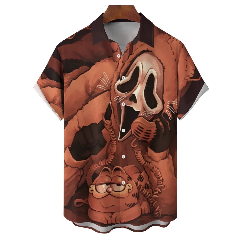 Death And Cat Print Casual Short Sleeve Shirt 2403000009