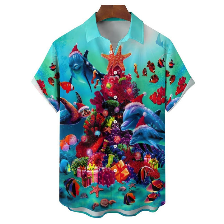 Christmas Hat Sea Animal Casual Short Sleeve Shirt 2311000645