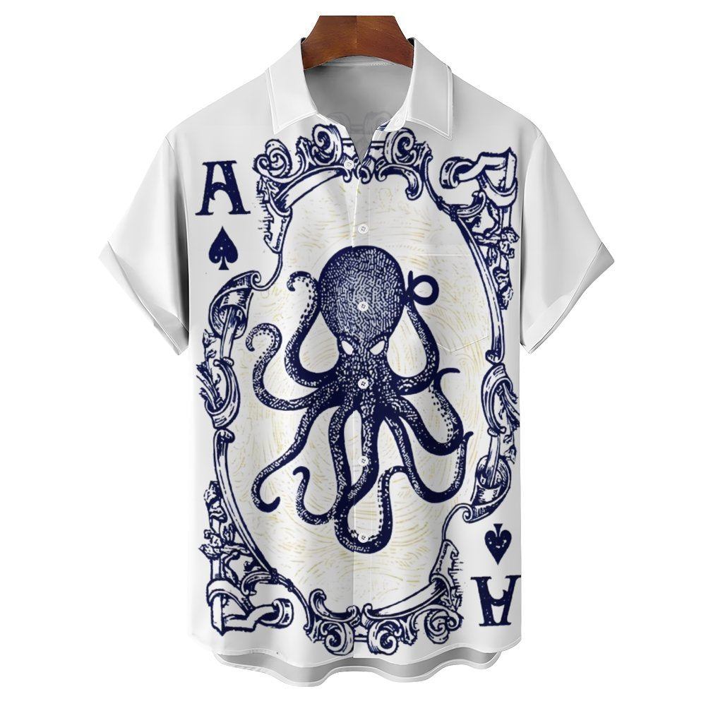 Octopus Poker Print Casual Short Sleeve Shirt 2402000291