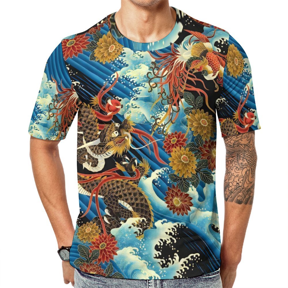 Men's Round Neck Dragon Art Casual T-Shirt 2312000392