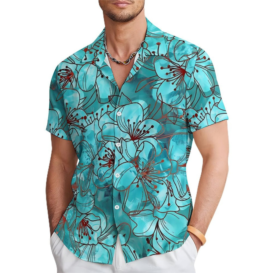 Men's Floral Blue Print Casual Short Sleeve Shirt 2402000229