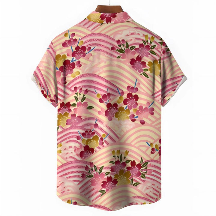 Men's Sakura Art Print Casual Short Sleeve Shirt 2402000321