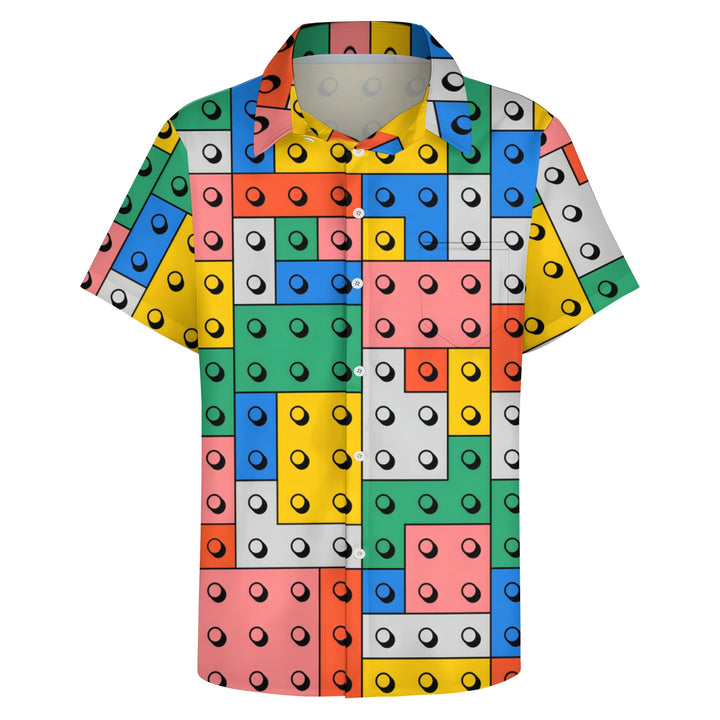 Men's Colorful Building Block Print Casual Short Sleeve Shirt 2403000146