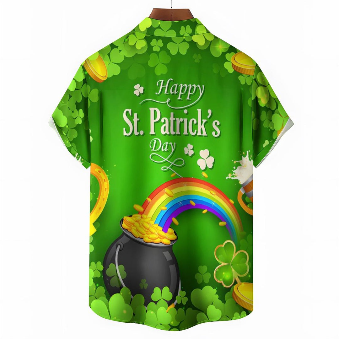 St. Patrick's Day Rainbow Print Breast Pocket Short Sleeve Shirt