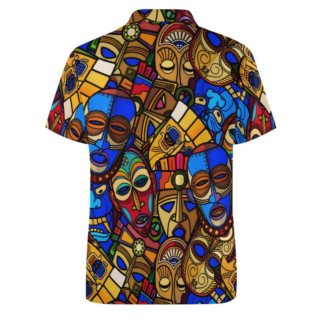 Men's Button-Down Short Sleeve TIKI Art Print Polo Shirt 2312000269