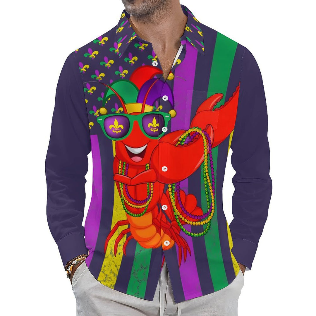 Holiday Carnival Men's Hawaiian Shirt Lobster Cartoon Art Long Sleeve Shirt 2401000162