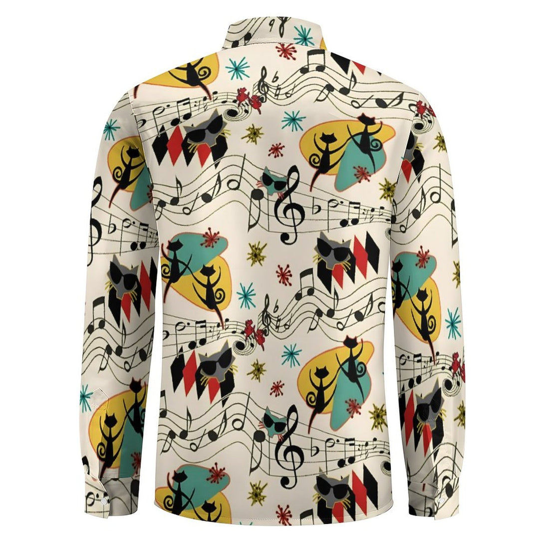 Men's Casual Geometric Cat Musical Notation Printed Long Sleeve Shirt 2401000164