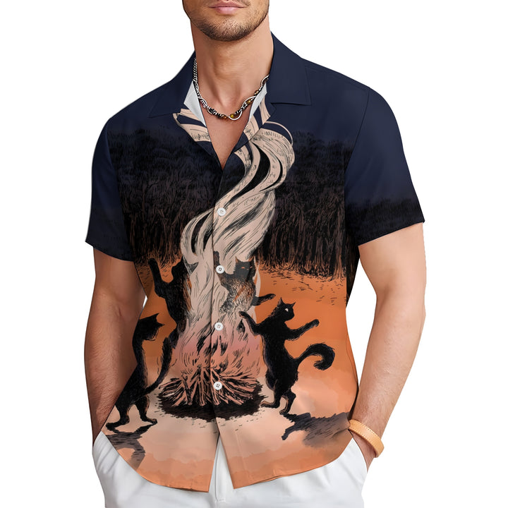 Men's Cat Bonfire Casual Short Sleeve Shirt 2403000080