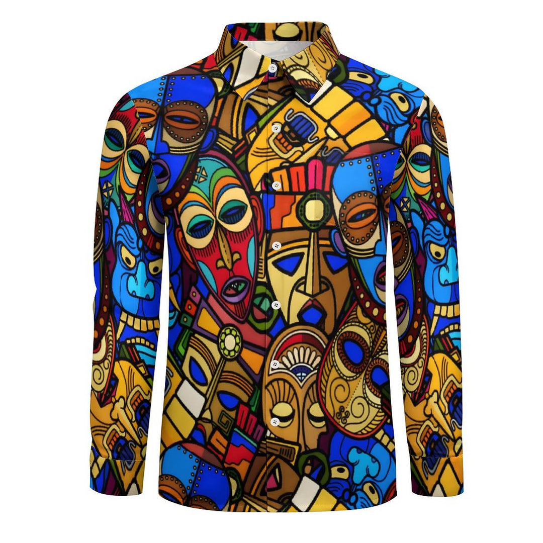 Men's Casual Tiki Art Printed Long Sleeve Shirt 2312000274