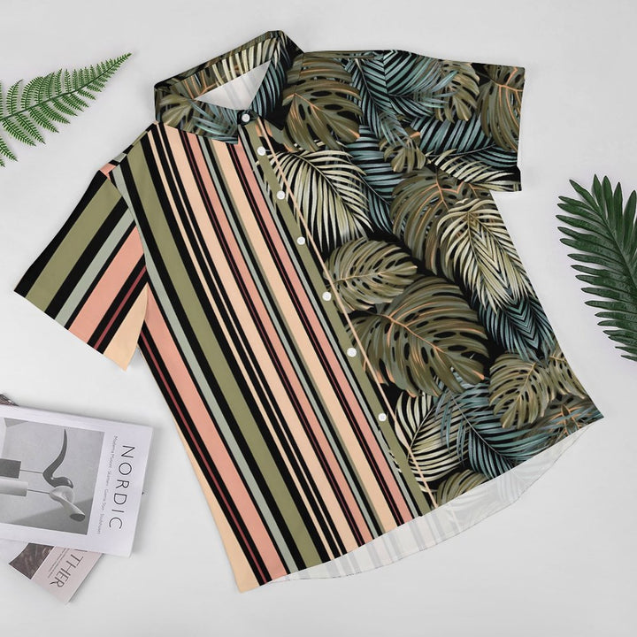 Men's Hawaiian Striped Patchwork Print Casual Short Sleeve Shirt 2402000069