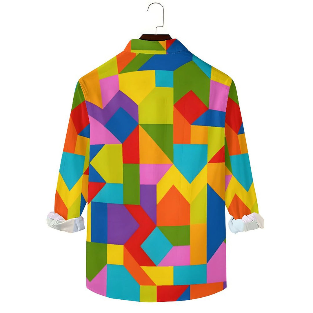 Men's Casual Colorful Geometric Blocks Printed Long Sleeve Shirt 2403000053