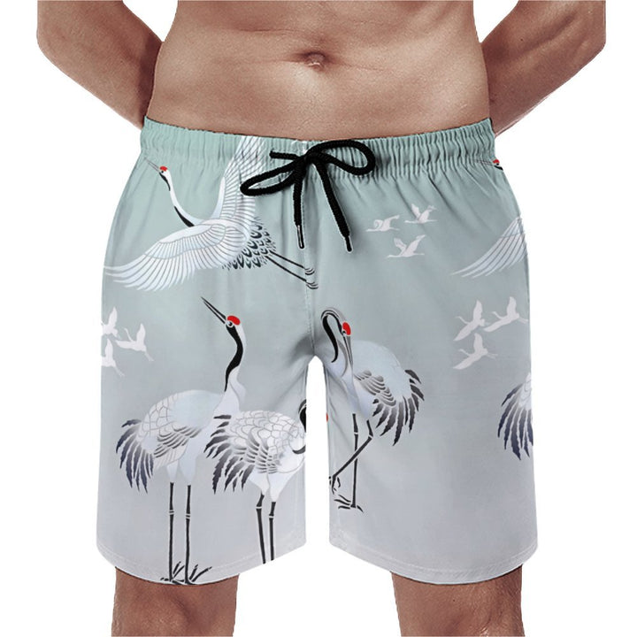 Men's Red Crowned Crane Art Beach Shorts 2312000430