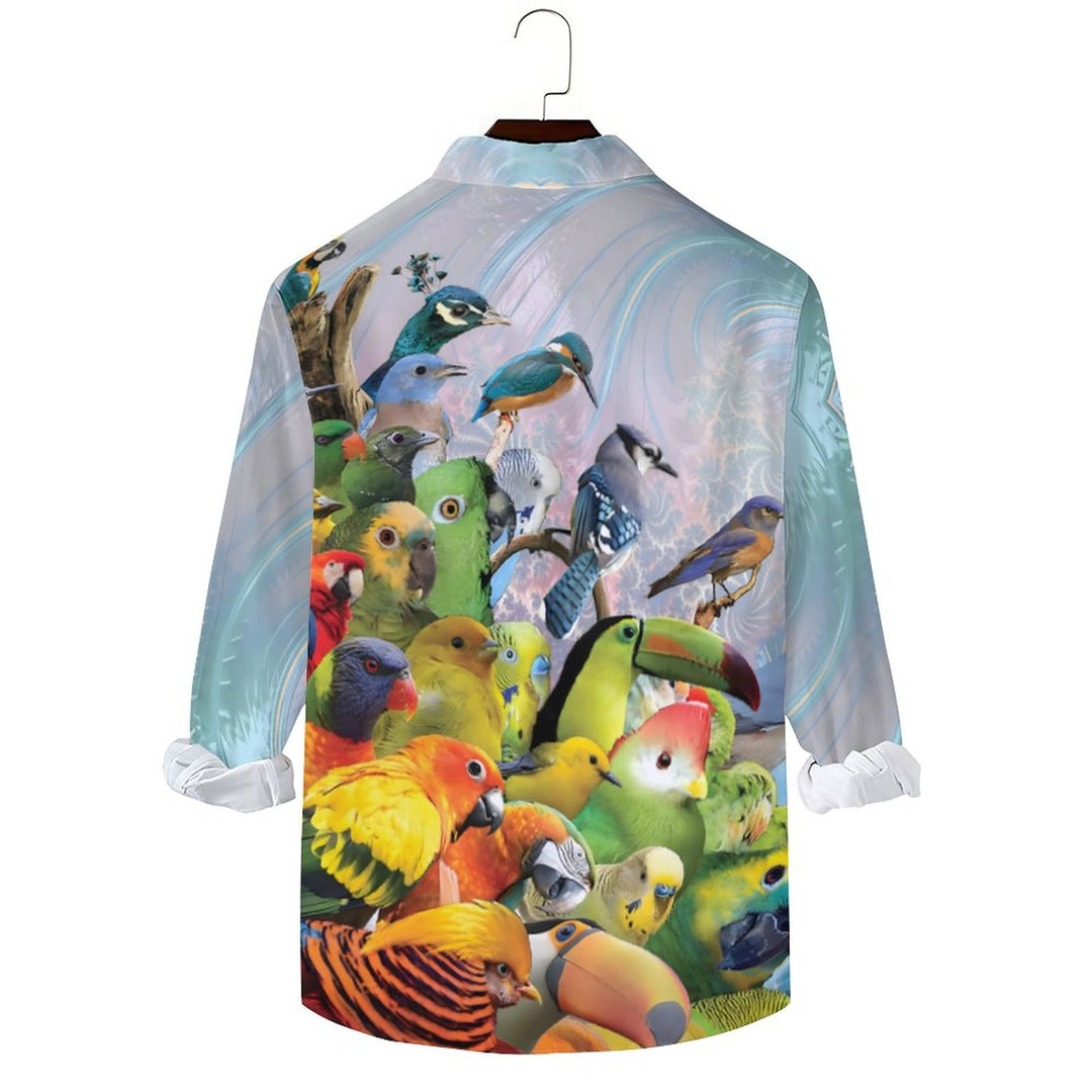 Men's Casual Tropical Rainforest Bird Printed Long Sleeve Shirt 2312000196