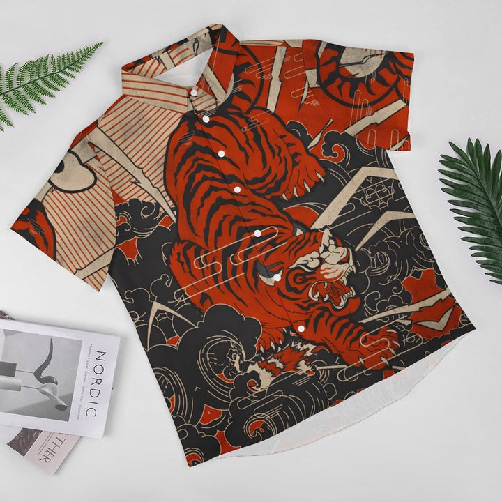 Tiger Ukiyo-E Art Style Print Casual Short Sleeve Shirt 2402000273