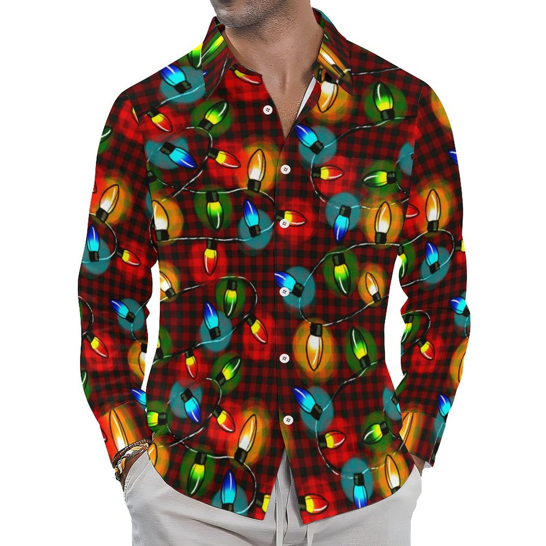 Plaid Holiday Colorful String Lights Printed Long Sleeve Shirt 2311000707