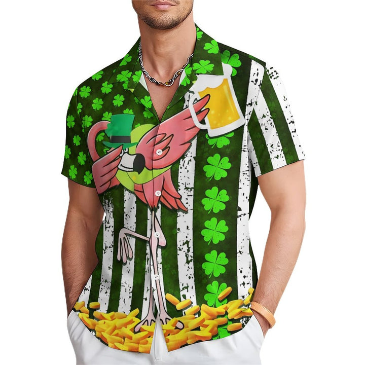 St. Patrick's Day Flamingo Chest Pocket Short Sleeve Casual Shirt 2312000497