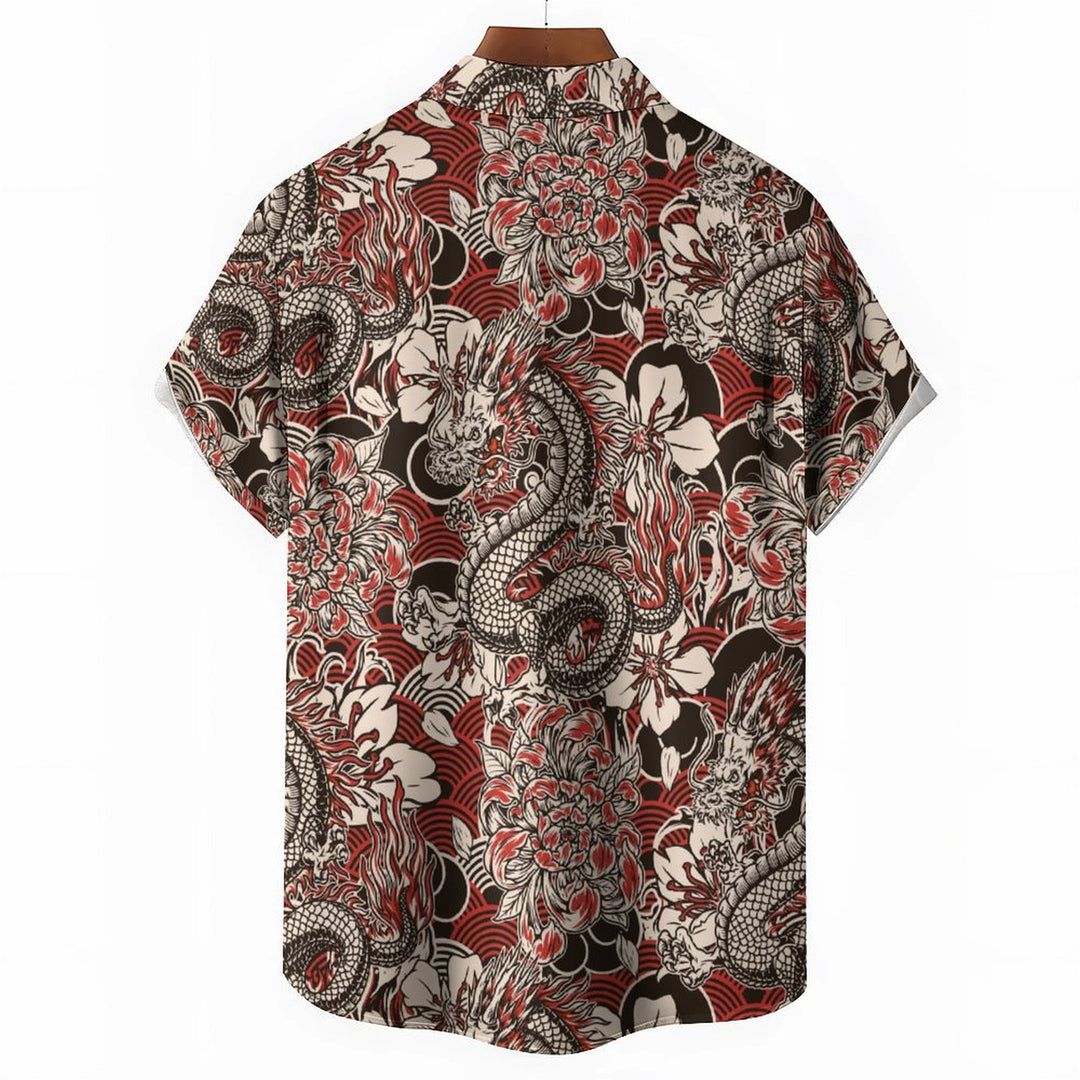 Men's Casual Vintage Ukiyoe Dragon Short Sleeve Shirt 2401000193