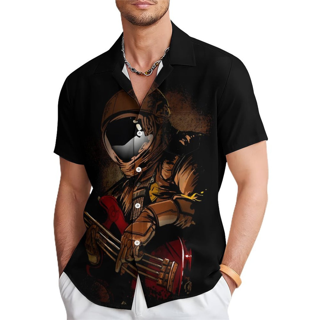 Astronaut Playing Guitar Casual Short Sleeve Shirt 2312000486