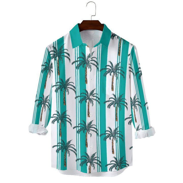 Men's Casual Coconut Palm Stripes Printed Long Sleeve Shirt 2403000050