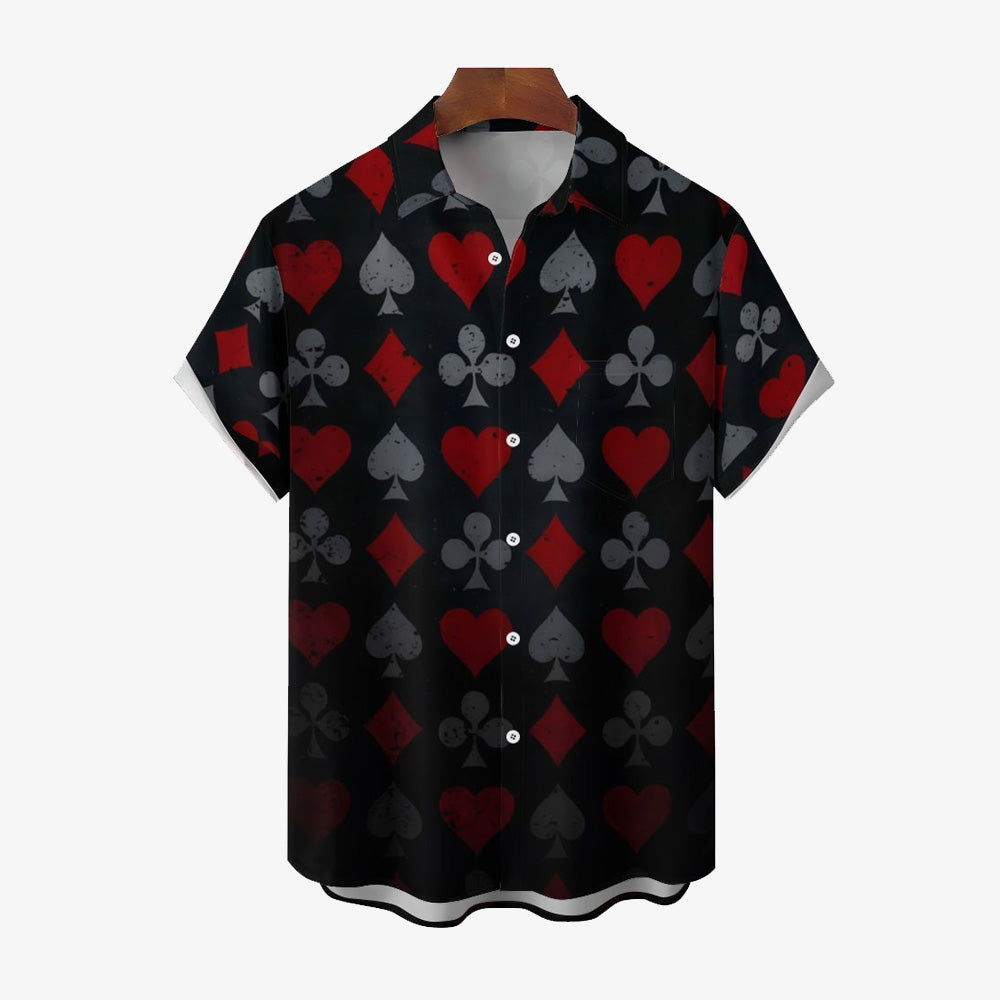 Poker Pattern Chest Pocket Casual Short Sleeve Shirt 2402000284