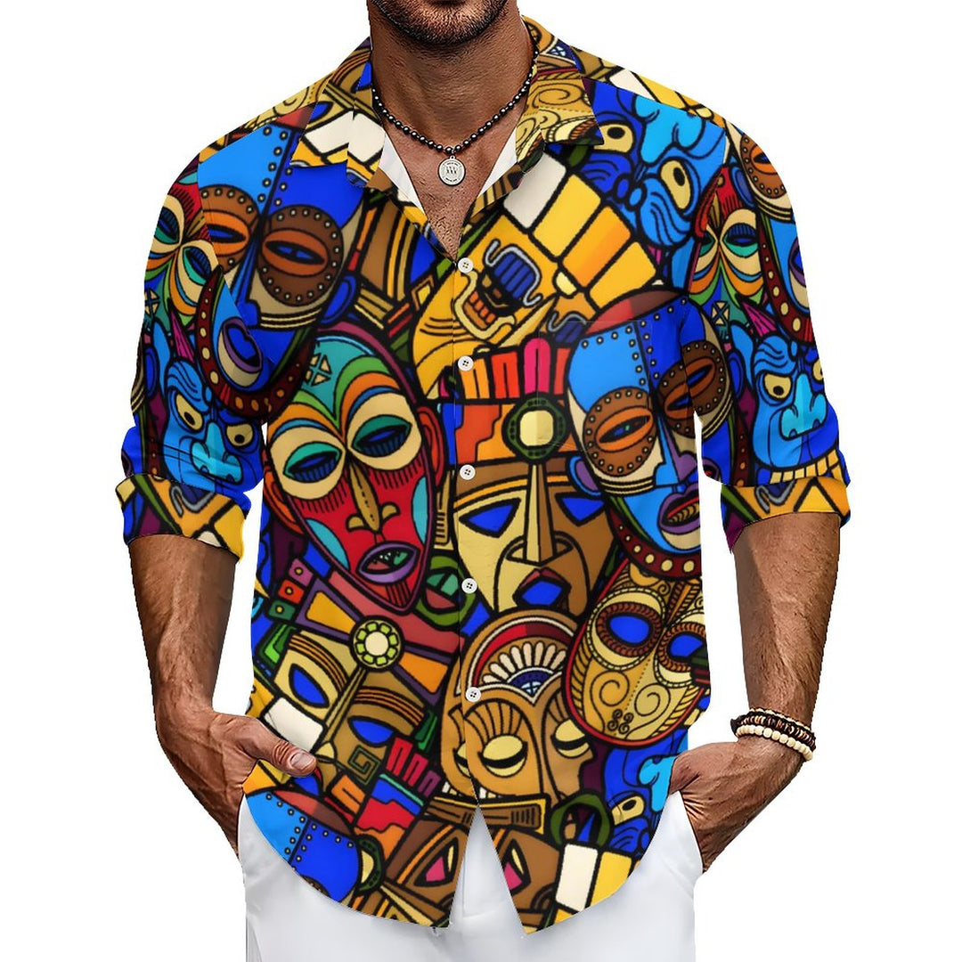 Men's Casual Tiki Art Printed Long Sleeve Shirt 2312000274