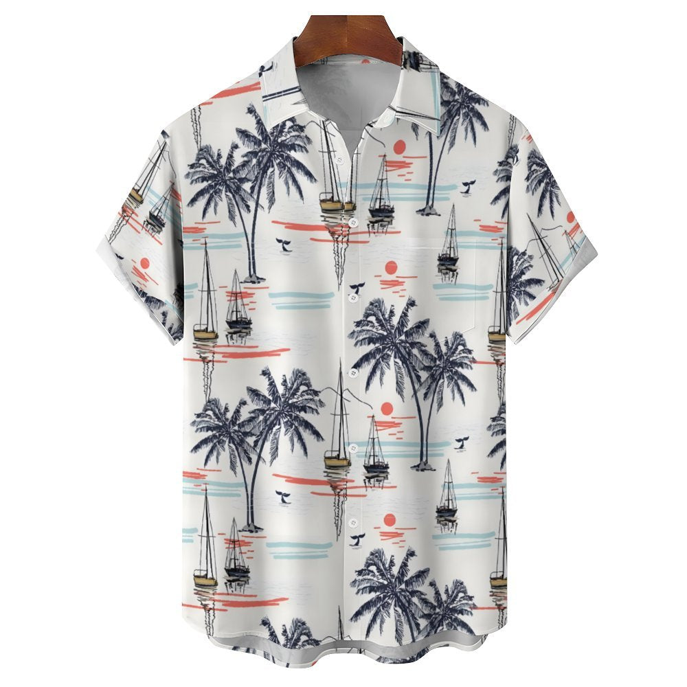 Men's Hawaiian Coconut Palm Sailboat Casual Short Sleeve Shirt 2402000278