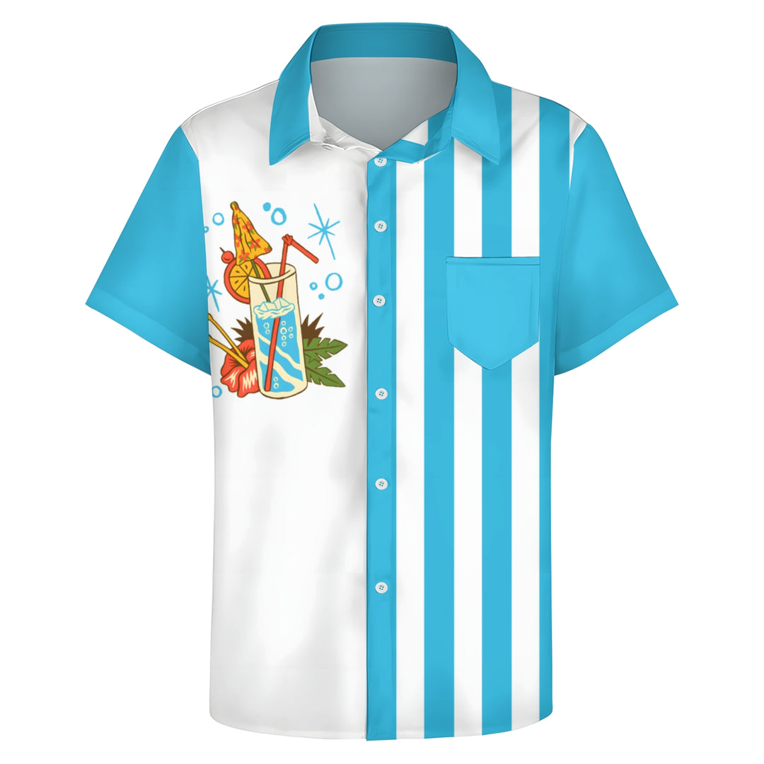 Retro Cocktail Blue Bowling Shirt Striped Cartoon Camping Pocket Shirt 2403000104