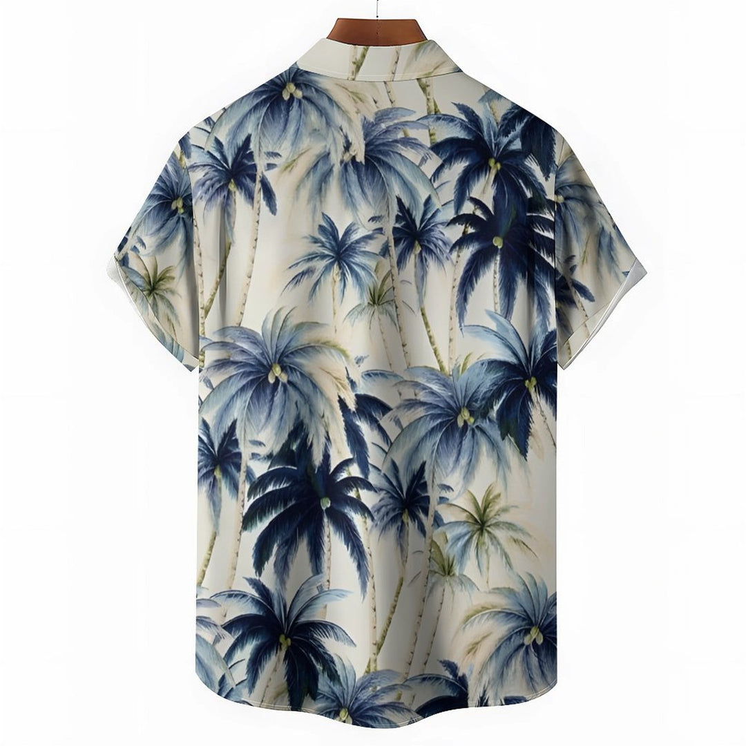 Beach Vacation Khaki Men's Hawaiian Shirt Vintage Coconut Tree Pocket Camping Shirt 2401000088