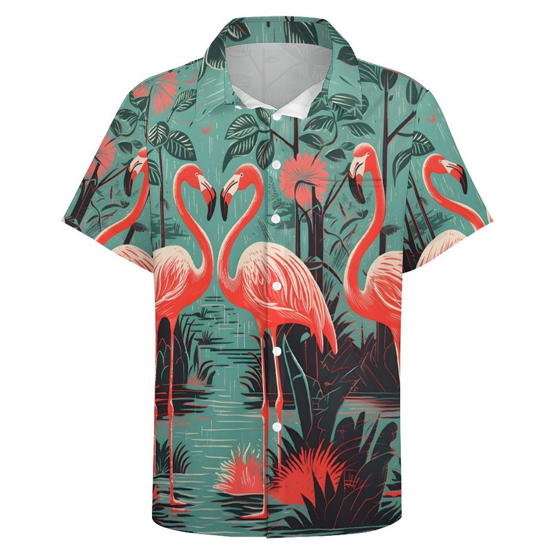 Men's Cotton Holiday Flamingo Casual Short Sleeve Shirt 2402000193