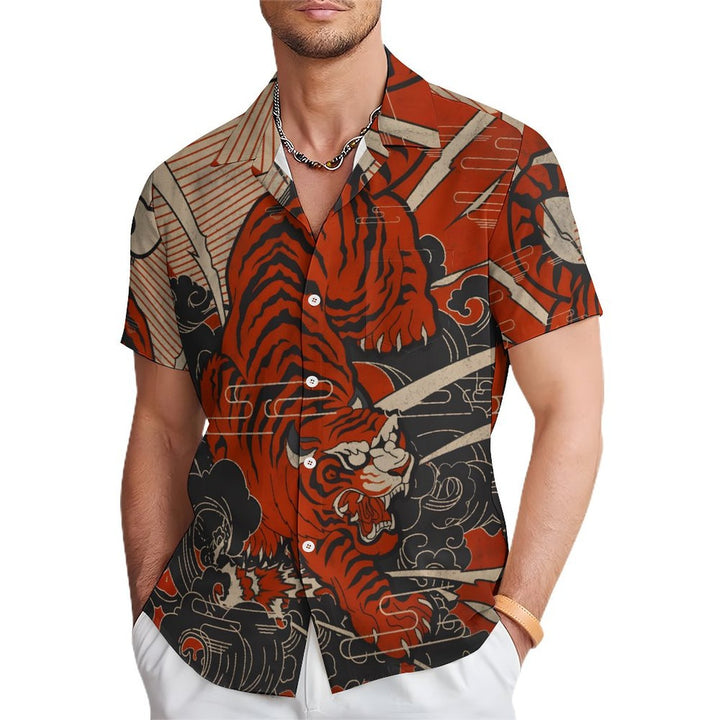 Tiger Ukiyo-E Art Style Print Casual Short Sleeve Shirt 2402000273