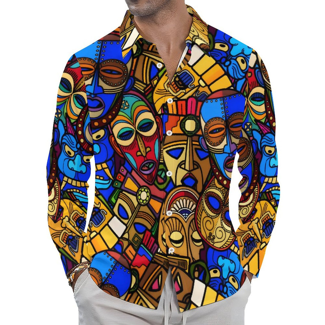 Men's Casual Tiki Art Printed Long Sleeve Shirt 2312000274