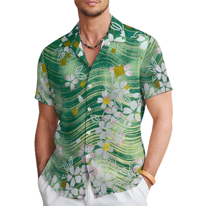 Green Ripple Flowers Men's Casual Short Sleeve Shirt 2402000324