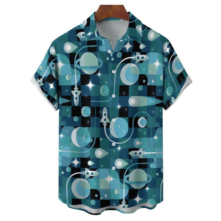 Planet And Rocket Geometric Print Casual Short Sleeve Shirt 2402000308