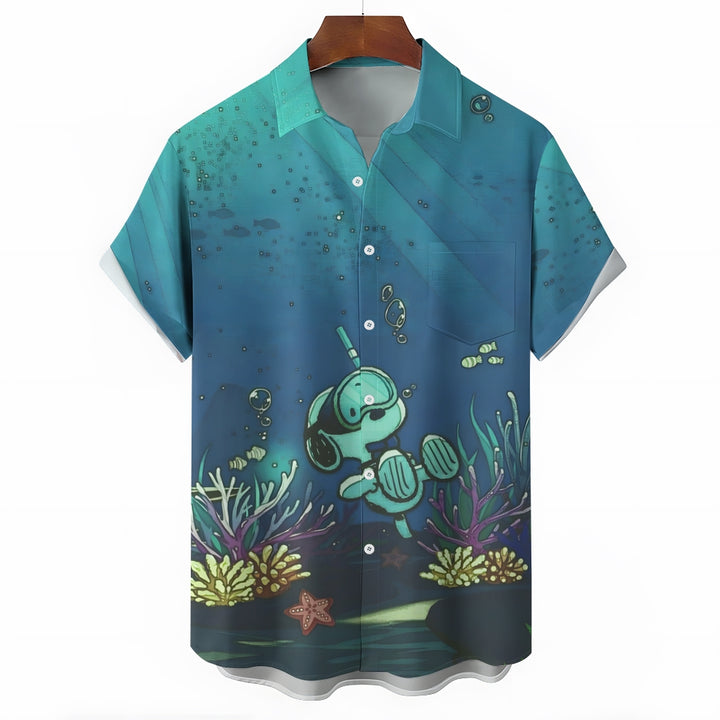 Men's Cartoon Character Diving Print Casual Short Sleeve Shirt 2403000332