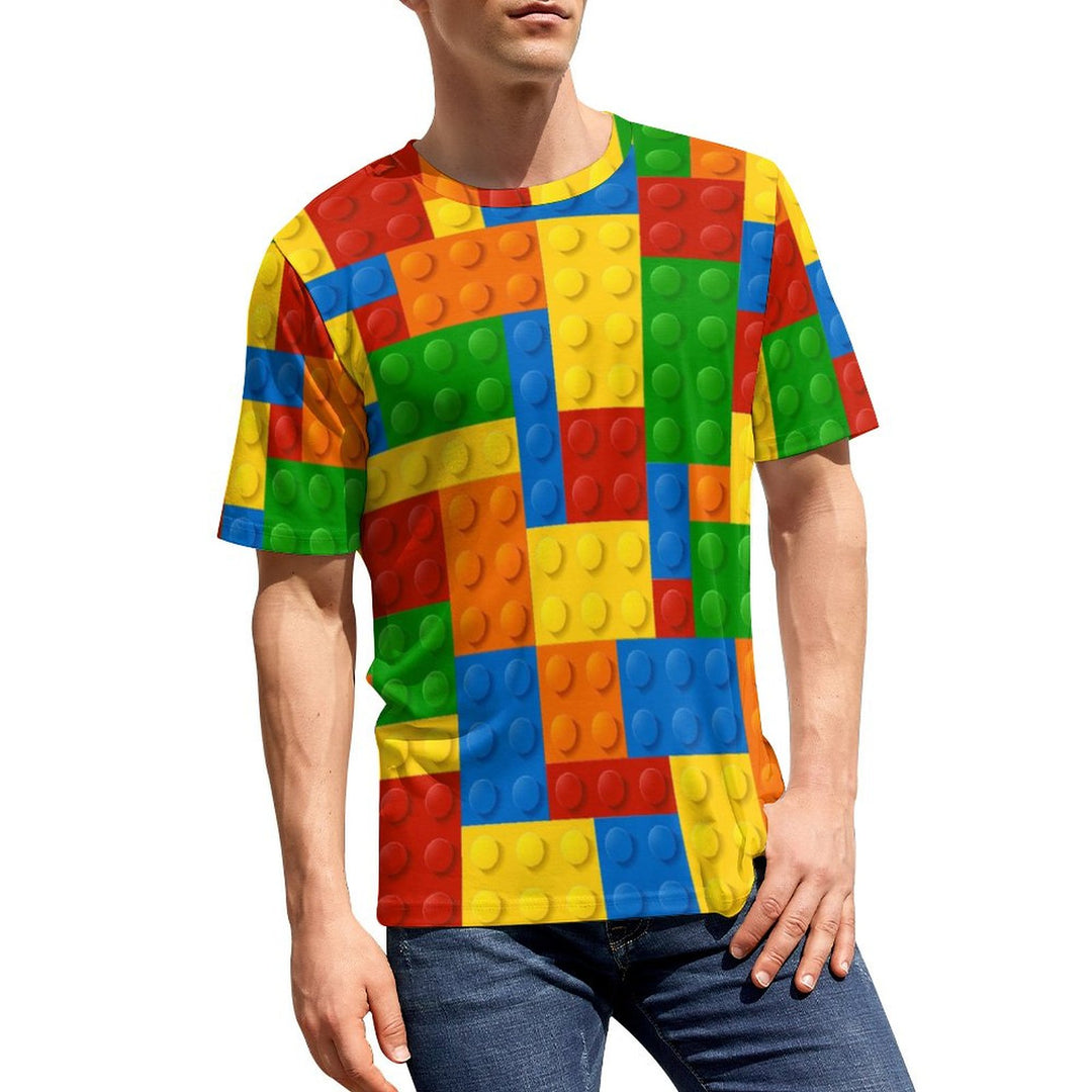 Men's Round Neck Building Block Print Casual T-shirt 2307100824