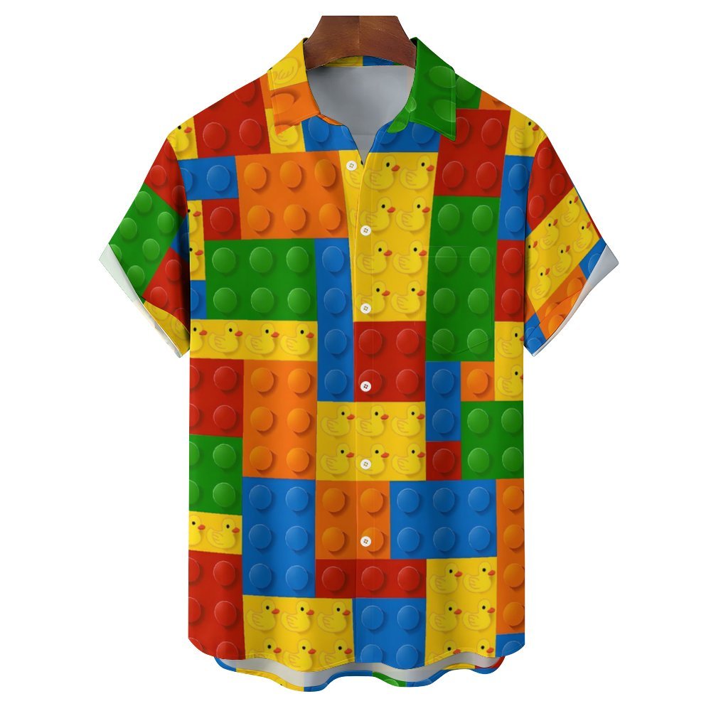 3D Building Blocks Little Yellow Duck Casual Short Sleeve Shirt 2311000659