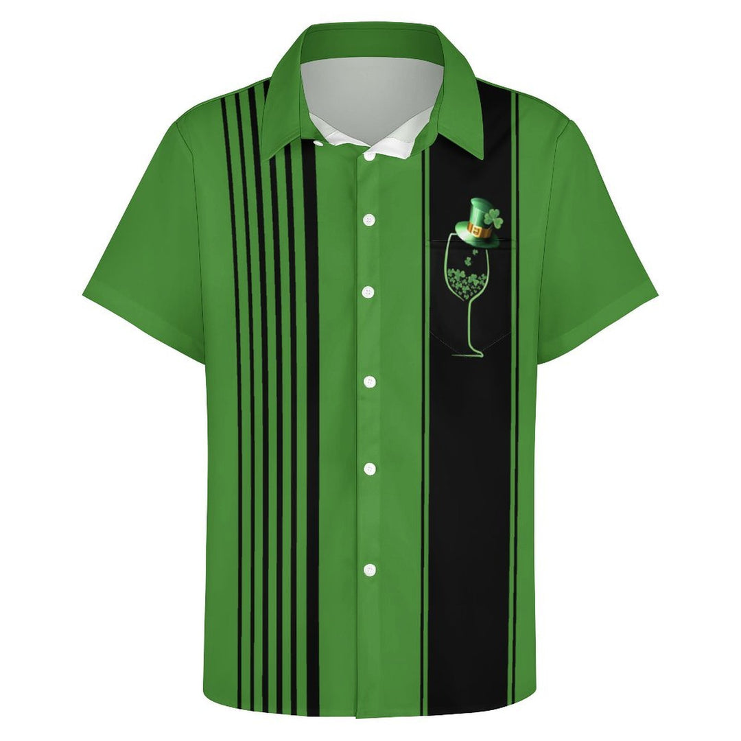 St. Patrick's Day Vintage Bowling Shamrock Wine Glass Print Hawaiian Shirt Plus Size Holiday Shirt 2401000215