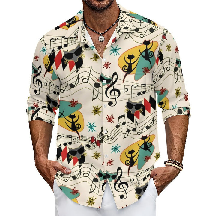 Men's Casual Geometric Cat Musical Notation Printed Long Sleeve Shirt 2401000164