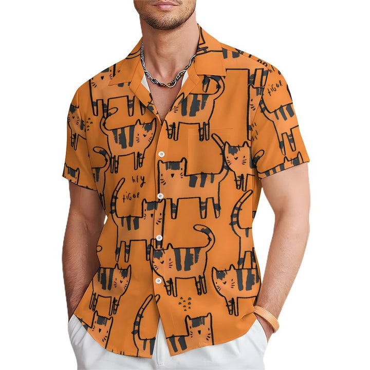 Men's Orange Cat Casual Short Sleeve Shirt 2401000112