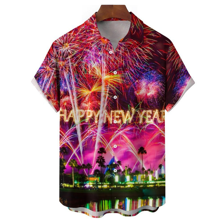 Happy New Year Holidays Men's Hawaiian Shirts Stretch Fireworks Fun Pocket Christmas Shirts 2311000192