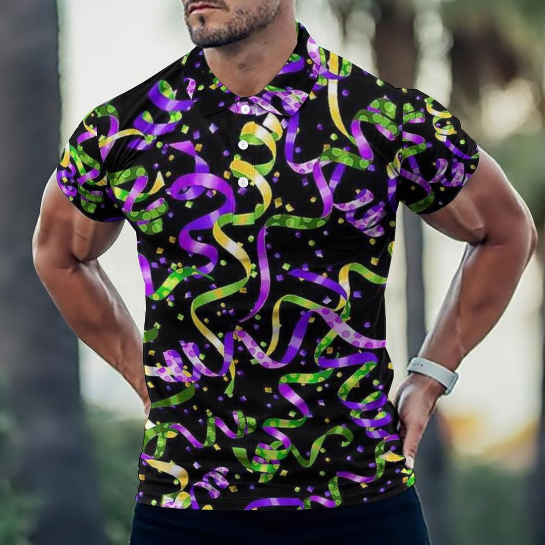 Men's Button-Down Short Sleeve Mardi Gras Print Polo Shirt 2312000268