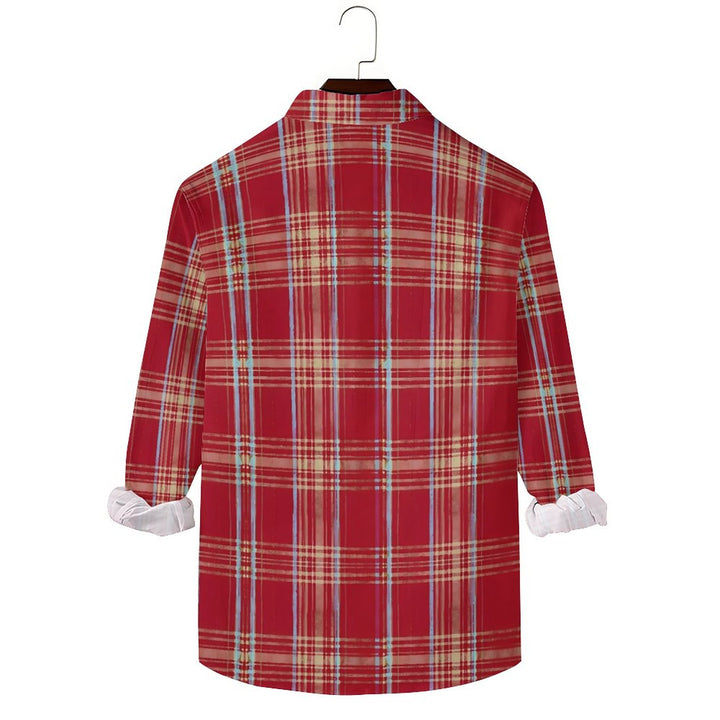 Men's Casual Beach Vacation Red Plaid Printed Long Sleeve Shirt 2312000199