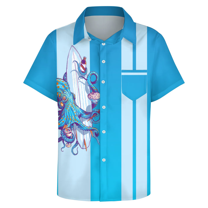 Men's Octopus Print Stripes Casual Short Sleeve Shirt 2403000336