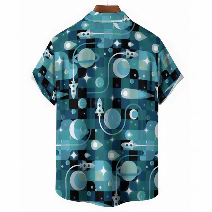 Planet And Rocket Geometric Print Casual Short Sleeve Shirt 2402000308
