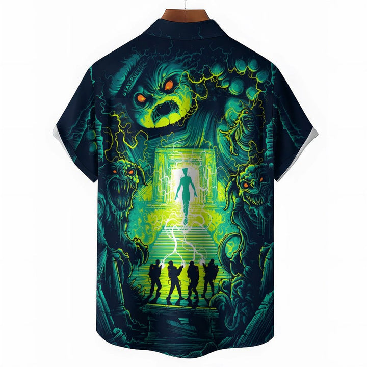 Psychedelic Sci-Fi Crazy Adventure Team And Ferocious Ghost Prints Casual Short Sleeve Shirt 2402000189