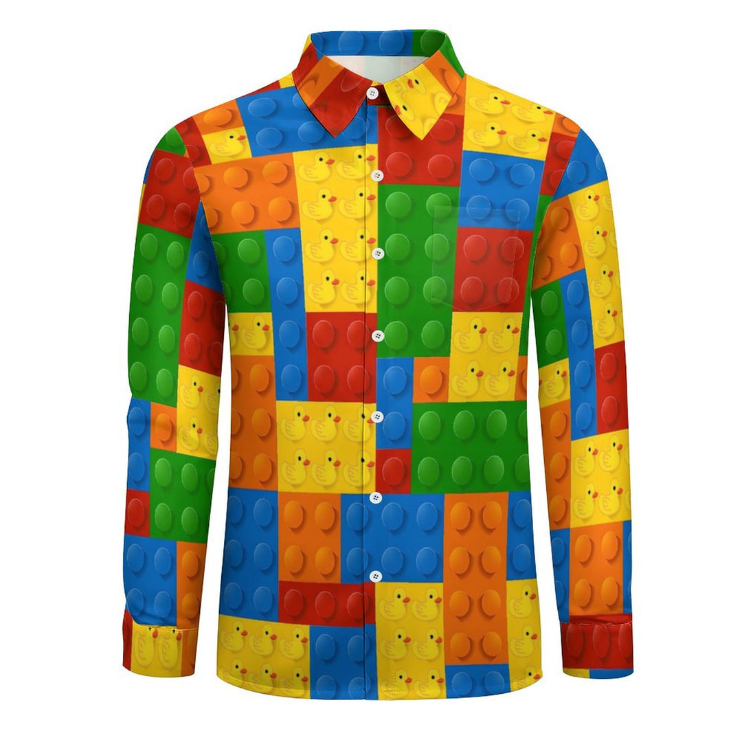 Men's Casual 3D Building Blocks Little Yellow Duck Printed Long Sleeve Shirt 2311000656