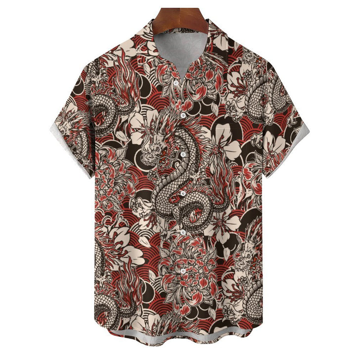 Men's Casual Vintage Ukiyoe Dragon Short Sleeve Shirt 2401000193