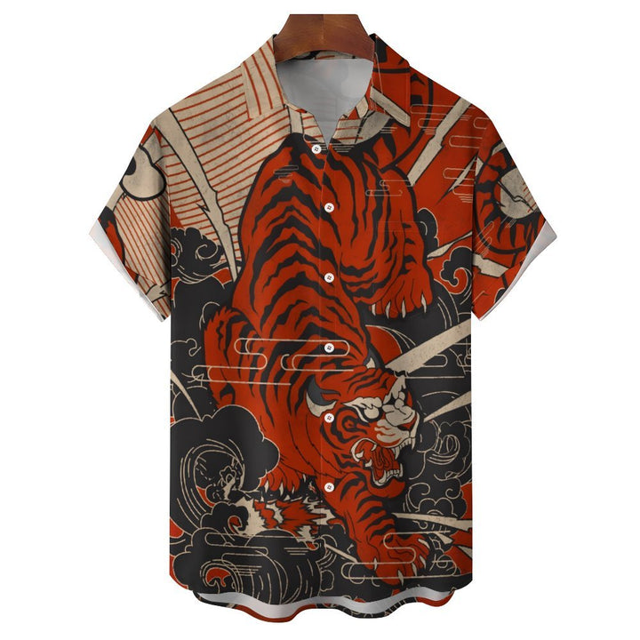 Tiger Ukiyo-E Art Style Print Casual Short Sleeve Shirt 2402000273