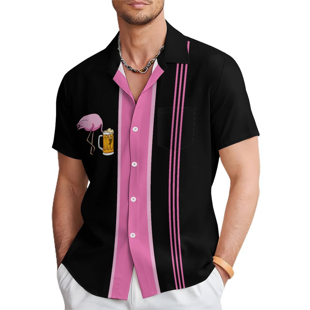 Flamingo Beer Chest Pocket Short Sleeve Bowling Shirt 2401000395