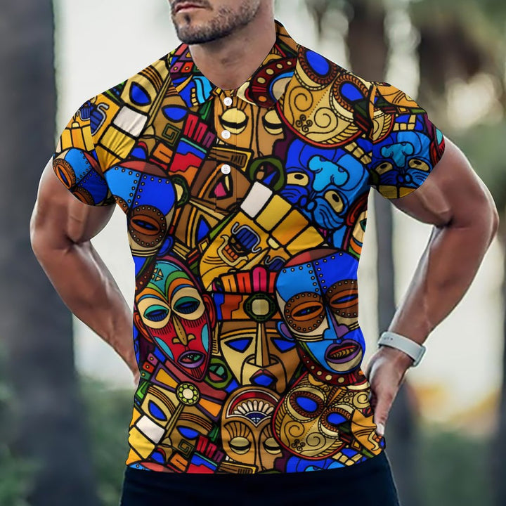 Men's Button-Down Short Sleeve TIKI Art Print Polo Shirt 2312000269